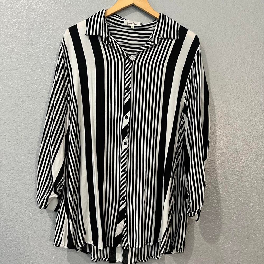 Eden & Olivia Black White Striped Button Down Shirt 1XL
